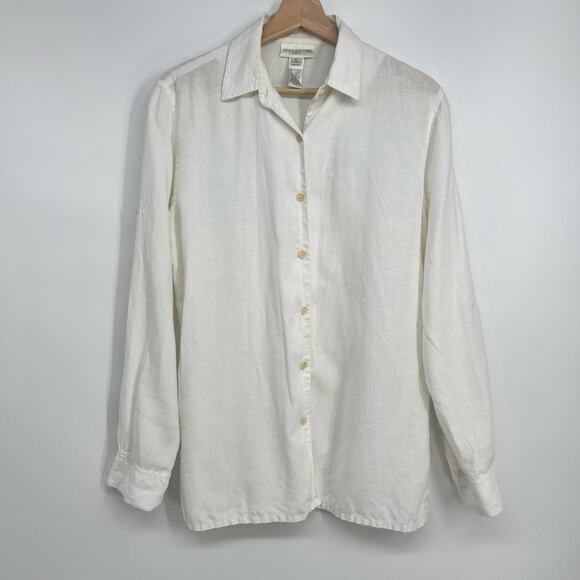 Jones New York Sport Linen Blouse Button Up Top Tunic Women Small White Collared - Picture 1 of 9